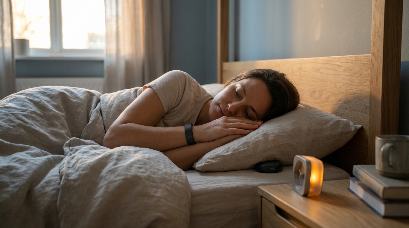 Sleeper using a Dawn Band wearable alarm with accessible bedside alarm tools nearby